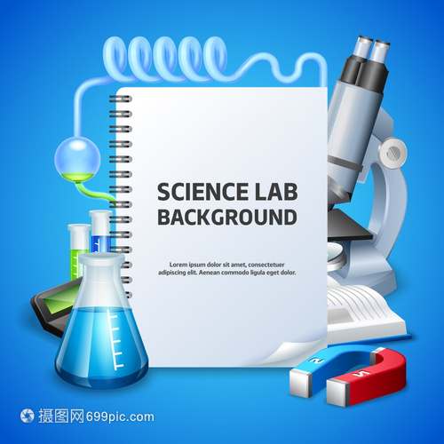 科学实验室背景科学实验室海报与记事本实验室设备的蓝色背景现实矢量插图